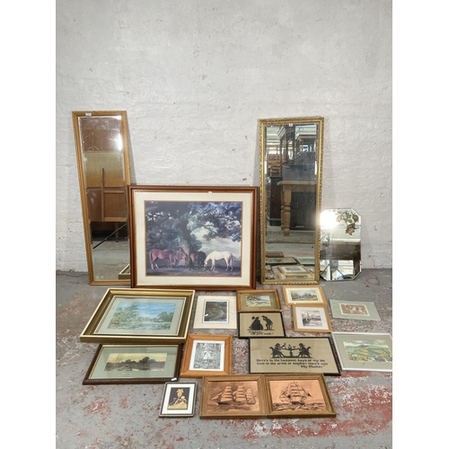 1203B - A collection of assorted framed pictures and mirrors to include gilt framed bevelled edge, mid 20th ... 