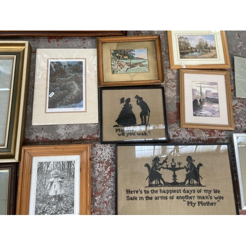 1203B - A collection of assorted framed pictures and mirrors to include gilt framed bevelled edge, mid 20th ... 