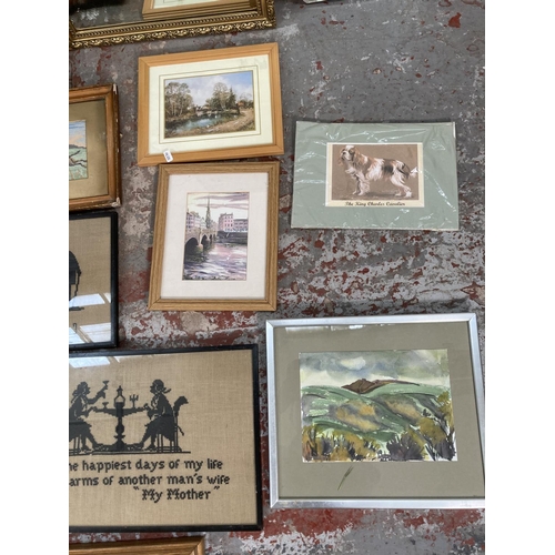 1203B - A collection of assorted framed pictures and mirrors to include gilt framed bevelled edge, mid 20th ... 