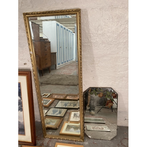 1203B - A collection of assorted framed pictures and mirrors to include gilt framed bevelled edge, mid 20th ... 