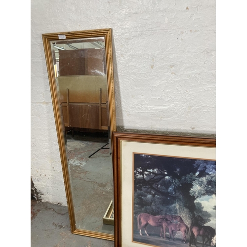 1203B - A collection of assorted framed pictures and mirrors to include gilt framed bevelled edge, mid 20th ... 