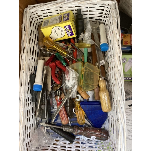 1738 - Two boxes of assorted items to include hand tools, batteries, light bulbs, four way extension leads,... 