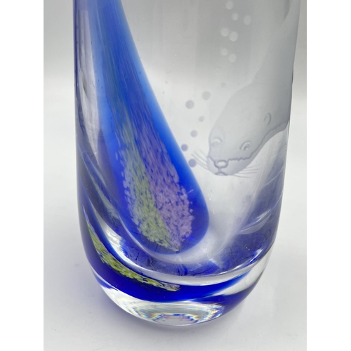 37 - A Caithness etched otter glass vase - approx. 23cm high