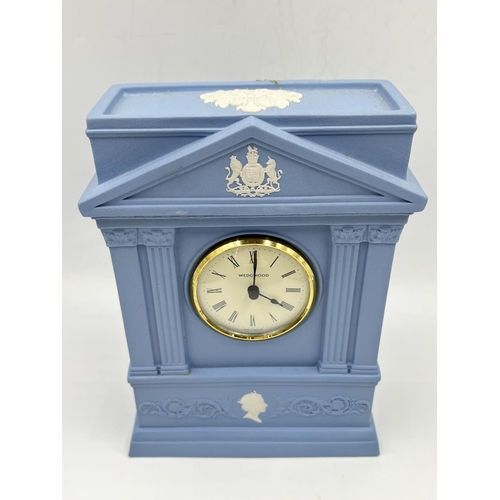 60 - A Wedgwood pale blue Jasperware mantel clock - approx. 20.5cm high x 15cm wide x 6cm deep