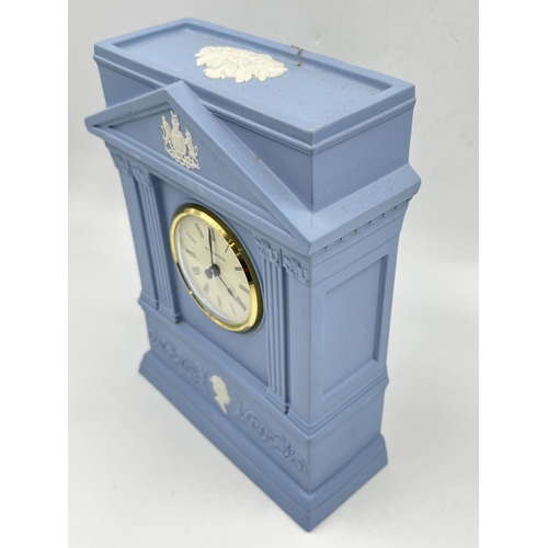 60 - A Wedgwood pale blue Jasperware mantel clock - approx. 20.5cm high x 15cm wide x 6cm deep