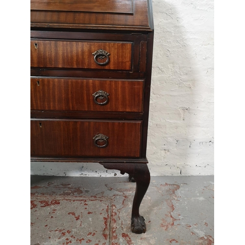 382 - A Georgian style mahogany bureau with three drawers, fall front and ball and claw supports - approx.... 