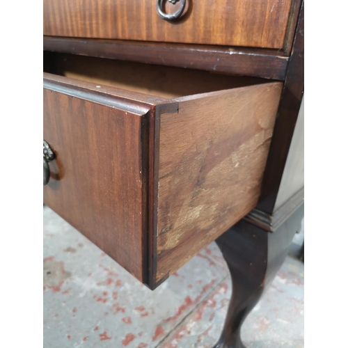 382 - A Georgian style mahogany bureau with three drawers, fall front and ball and claw supports - approx.... 