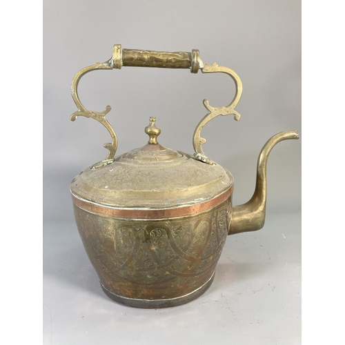 125 - Two pieces of antique metalware, one copper and brass kettle - approx. 34cm high and one Lucas no.38... 