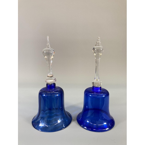 72 - Four late 19th century blue glass bells - largest approx. 31cm high and two blue glass circular bowl... 