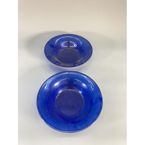 72 - Four late 19th century blue glass bells - largest approx. 31cm high and two blue glass circular bowl... 