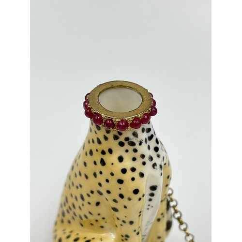 1 - A boxed Halcyon Days porcelain cheetah scent bottle with hallmarked 9ct gold collar - approx. 7.3cm ... 