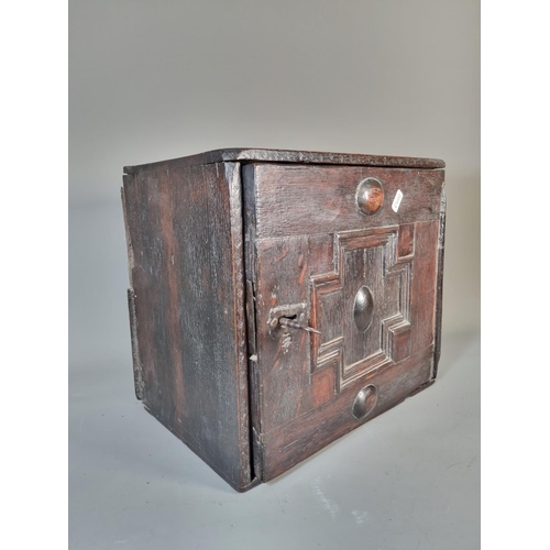 302 - A 17th century oak spice cabinet with fitted interior and geometric moulded door - approx. 32cm high... 