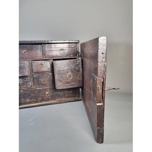 302 - A 17th century oak spice cabinet with fitted interior and geometric moulded door - approx. 32cm high... 