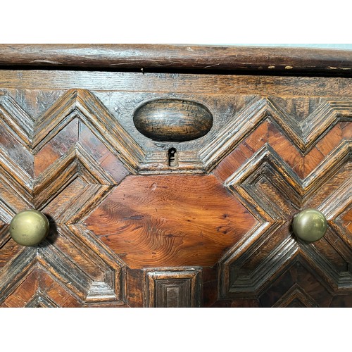 378 - A 17th century and later oak geometric moulded two drawer hall table - approx. 74cm high x 129cm wid... 