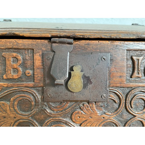 403 - A 17th century and later carved oak bible box - approx. 29.5cm high x 70cm wide x 41cm deep