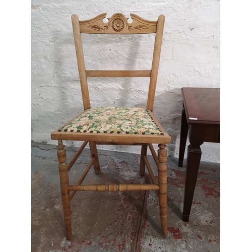 324 - Four pieces of furniture, two Edwardian beech side chairs with floral upholstery, one 17th century s... 