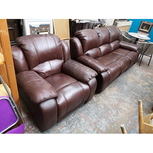 335 - A modern brown leather reclining two piece lounge suite comprising three seater sofa and armchair