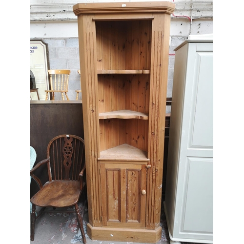 341 - Four pieces of furniture, one dove grey painted double wardrobe, one solid pine free standing corner... 