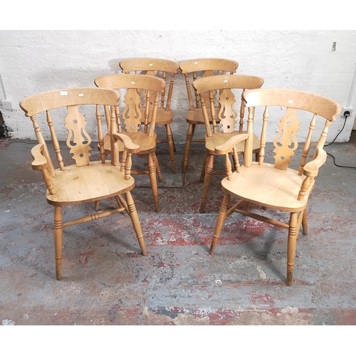 358 - A set of six Victorian style solid beech farmhouse dining chairs