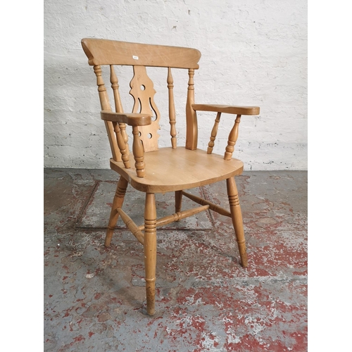 358 - A set of six Victorian style solid beech farmhouse dining chairs