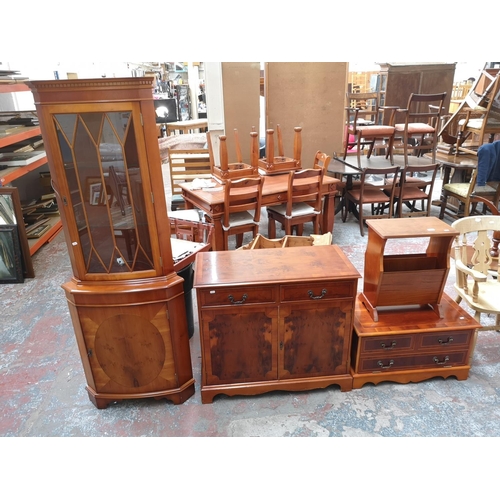 359 - Four pieces of Georgian style yew wood effect furniture, free standing corner cabinet, sideboard, si... 