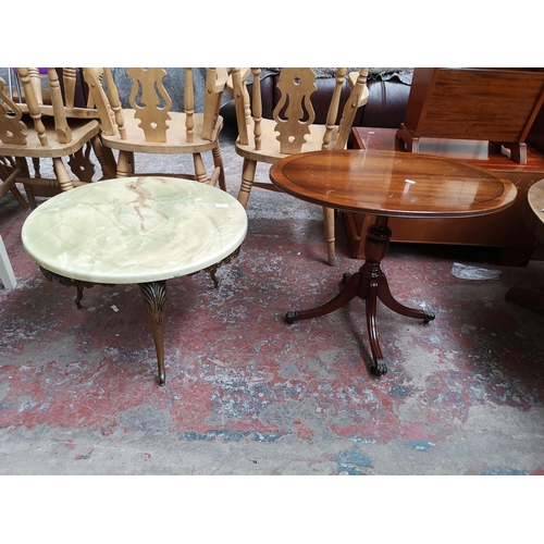 362 - Two occasional tables, one Regency style yew wood effect with brass lion paw feet - approx. 54cm hig... 