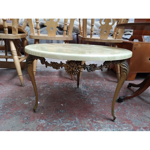 362 - Two occasional tables, one Regency style yew wood effect with brass lion paw feet - approx. 54cm hig... 