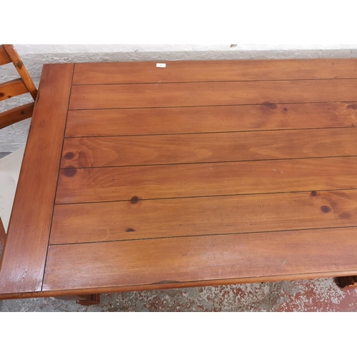 387 - A modern pine rectangular dining table and six matching dining chairs - approx. 77cm high x 90cm wid... 