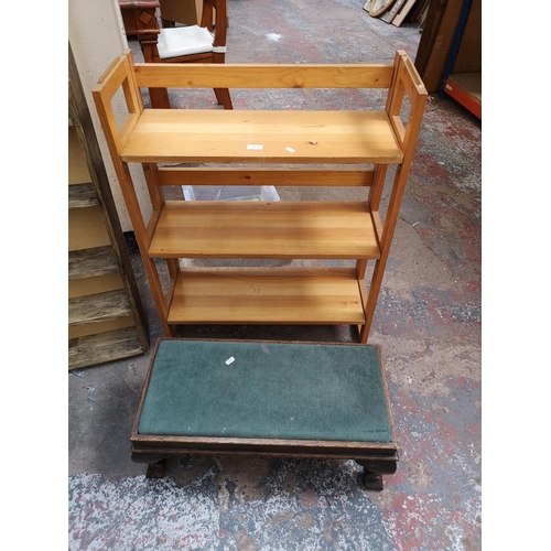 388 - Four pieces of furniture, a mid 20th century oak and green upholstered foot stool, a modern pine thr... 