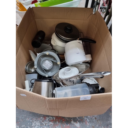 791 - One box containing a large quantity of kitchen items to include Kenwood food processor, egg poacher,... 