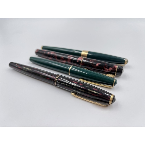 1385 - Four fountain pens, three Parkers - two with 14ct gold nibs and one Dickinson product 'The Croxley' ... 