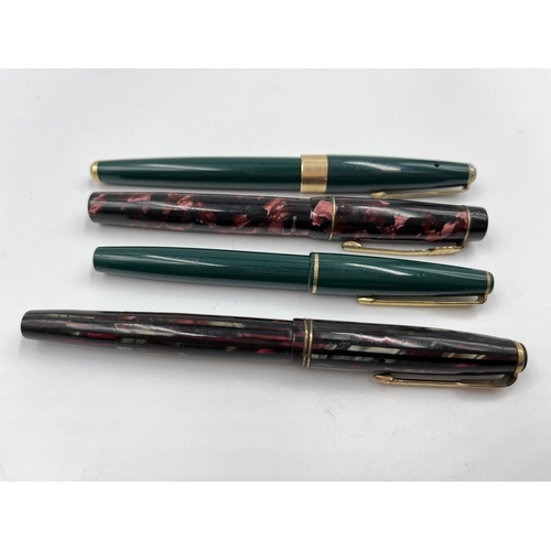 1385 - Four fountain pens, three Parkers - two with 14ct gold nibs and one Dickinson product 'The Croxley' ... 