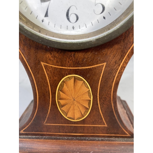 259 - An Edwardian inlaid mahogany cased balloon mantel clock with white enamel face - approx. 21cm high x... 