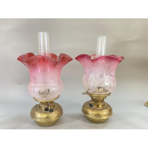 253 - A pair of Duplex Messengers Patent brass wall sconce oil lamps with glass shades and funnels - appro... 