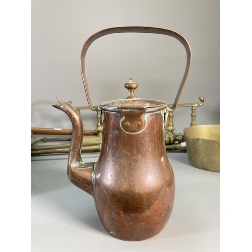 133 - A collection of copper and brassware to include lantern, companion set, saucepan, candlesticks etc.