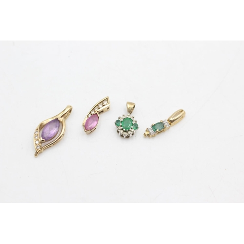 1078 - Four 9ct gold diamond pendants, two emerald, one amethyst and one pink sapphire - approx. gross weig... 