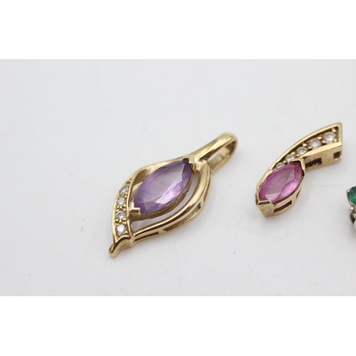 1078 - Four 9ct gold diamond pendants, two emerald, one amethyst and one pink sapphire - approx. gross weig... 