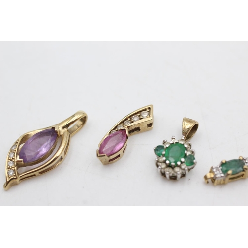 1078 - Four 9ct gold diamond pendants, two emerald, one amethyst and one pink sapphire - approx. gross weig... 