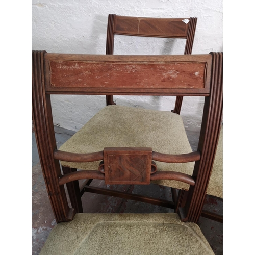76 - A set of five 19th century inlaid mahogany dining chairs with green upholstery