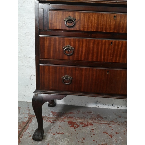 79 - A Georgian style mahogany bureau with three drawers, fall front and ball and claw supports - approx.... 