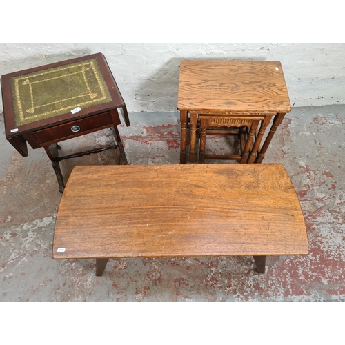 114 - Three pieces of furniture, one mid 20th century oak rectangular coffee table, one oak nest of three ... 