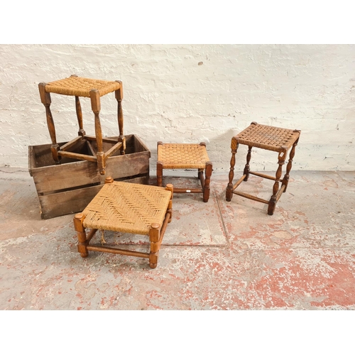 5 - Five pieces of vintage occasional furniture, four woven top stools and one pine two division crate -... 