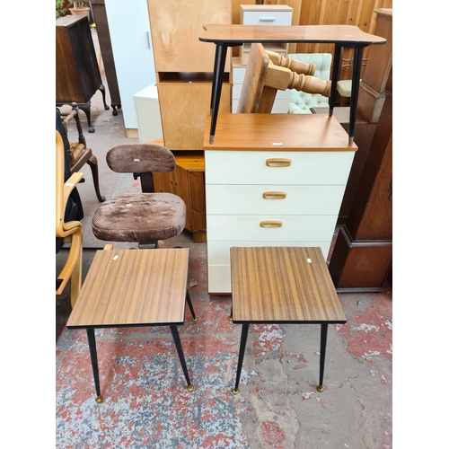 61 - Five pieces of mid 20th century furniture, three teak effect and ebonised side tables, one teak effe... 