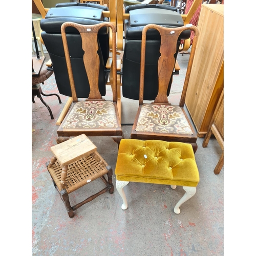 65 - Five pieces of furniture, two Queen Anne style oak dining chairs, one oak and woven top footstool, o... 