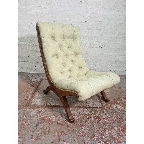 77 - A mid 20th century mahogany and green upholstered slipper chair - approx. 74cm high x 49cm wide x 60... 