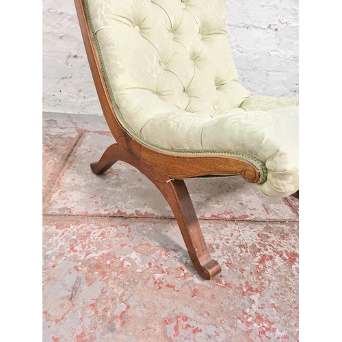 77 - A mid 20th century mahogany and green upholstered slipper chair - approx. 74cm high x 49cm wide x 60... 