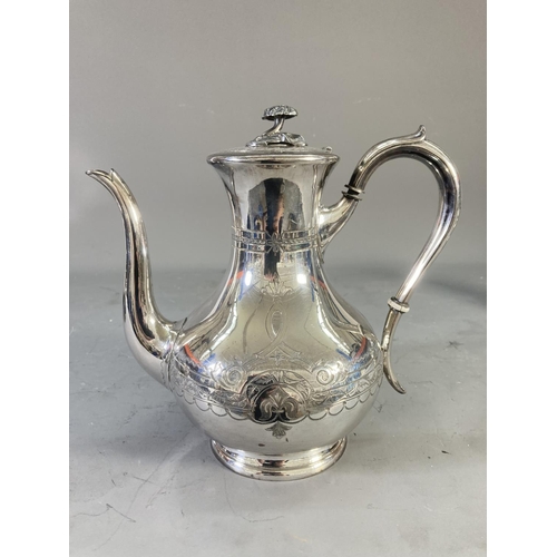 224 - Five pieces of antique silver plated ware, four piece tea/coffee set and tri-footed salver