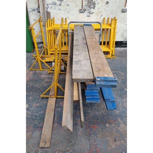 674A - A metal quick form scaffold tower set comprising feet, two tubs of scaffolding clips, scaffold board... 