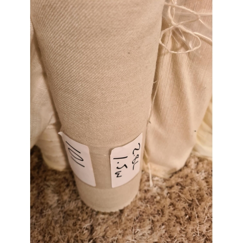 122A - Eleven rolls of neutral coloured fabric of varying lengths to include 9m x 3.2m sheer white voile, 2... 