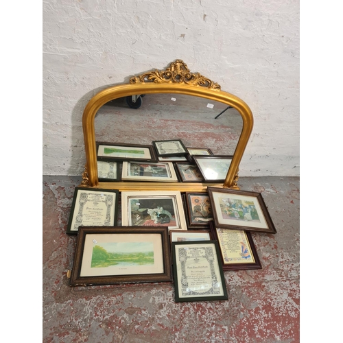 125 - A 19th century style gilt framed overmantel mirror - approx. 90cm high x 115cm wide and eight variou... 